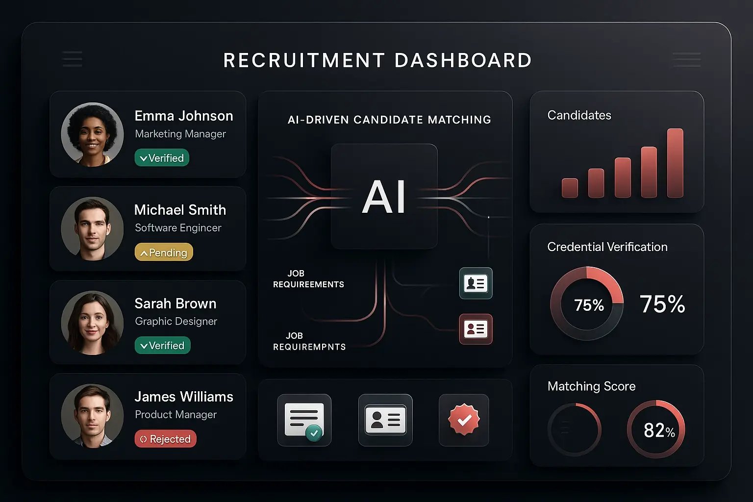 A recruitment dashboard showing AI sorting candidates and matching their credentials