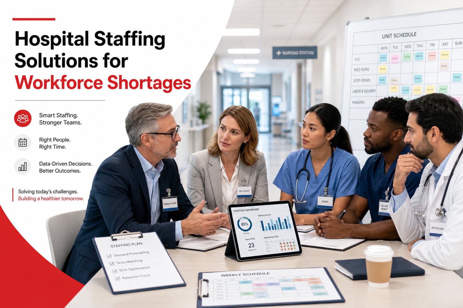 Hospital leaders and clinicians reviewing staffing plans in a modern hospital environment
